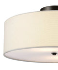 Two Light Flush Mount Ceiling Light In Dark Bronze With White Linen Drum Shade, Low Profile Design, E26 Base, Dimmable Fixture