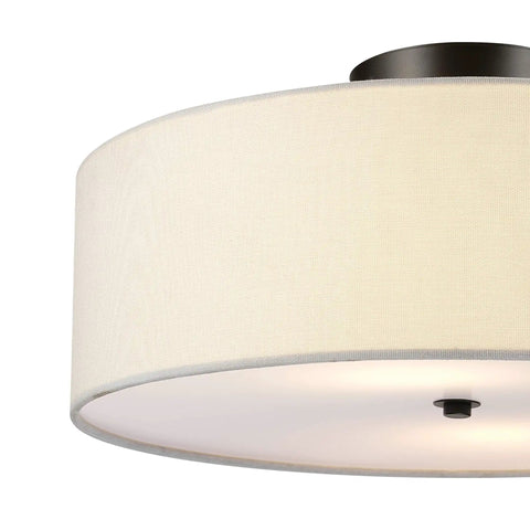 Two Light Flush Mount Ceiling Light In Dark Bronze With White Linen Drum Shade, Low Profile Design, E26 Base, Dimmable Fixture