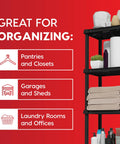 Four Tier Plastic Storage Shelves, Space Saving, Tool Free Assembly, Made In USA, Black Finish, Slim 24 Inch Wide, Stands 48 Inches Tall, Garage Ready Organizer For Home, Workshop, Or Home Organization, black shelf with towels and bottles