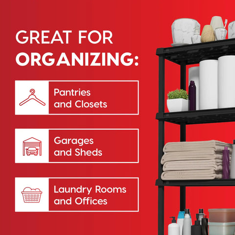 Four Tier Plastic Storage Shelves, Space Saving, Tool Free Assembly, Made In USA, Black Finish, Slim 24 Inch Wide, Stands 48 Inches Tall, Garage Ready Organizer For Home, Workshop, Or Home Organization, black shelf with towels and bottles