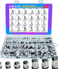400 Piece Aluminum Electrolytic Capacitors Assortment Kit With 24 Values For SMD And Through Hole Circuits, box open showing capacitors