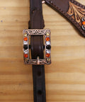 Custom Western Leather Headstall And Breast Collar Tack Set showcasing antique copper buckle with colorful inlays on leather.