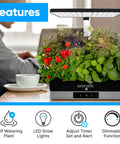 Indoor Hydroponic Herb Garden Kit with height adjustable LED grow lights, 6 pods, shown on a kitchen table.