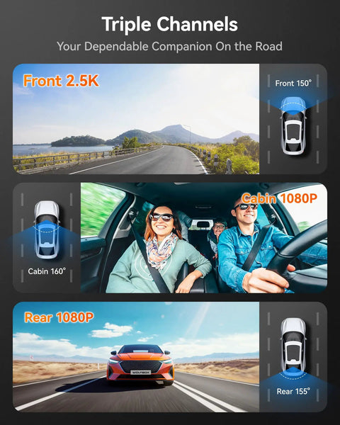 Three Channel Dash Cam With Built In WiFi And GPS, Front 1440P Plus Interior And Rear 1080P, 3 Inch LCD Screen, 32GB Card Included view