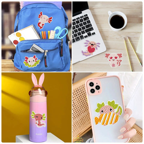 Diamond Painting Kit Value Pack With 12 Sticker Pattern Designs on backpack, laptop, bottle, and phone case
