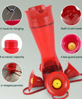 Hummingbird Feeder With Pinch Waist Design No Fuss No Mess Easy Fill And Clean With Bee Guards Keeps Bees Out Four Flower Ports 8 Ounce Capacity Outdoor Garden Or Patio Bird Feeder showing red plastic design, 8 oz capacity, and flower ports.