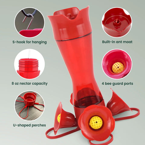 Hummingbird Feeder With Pinch Waist Design No Fuss No Mess Easy Fill And Clean With Bee Guards Keeps Bees Out Four Flower Ports 8 Ounce Capacity Outdoor Garden Or Patio Bird Feeder showing red plastic design, 8 oz capacity, and flower ports.