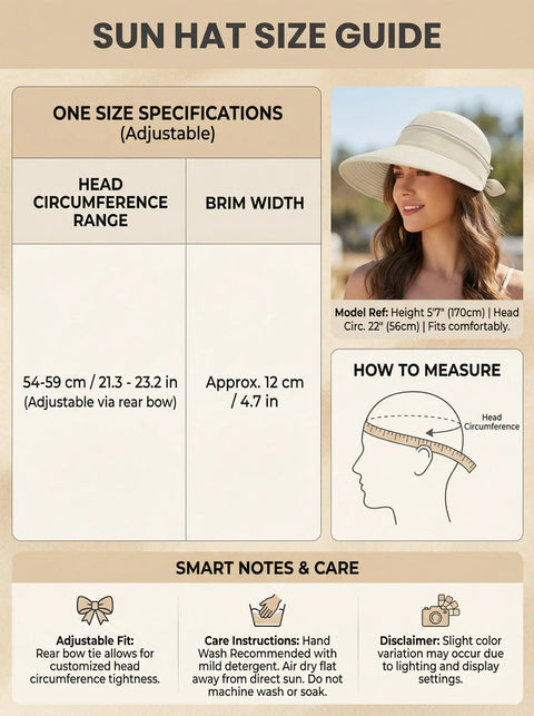 Size guide for 2-In-1 Women's Sun Visor Hat With Wide Brim Or Zip-Off Top, Lightweight Quick-Dry, UPF 50+ Sun Protection