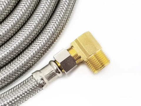 4 Foot Stainless Steel Braided Dishwasher Installation Kit With Three Eighths Inch Compression Fittings Swivel Elbow And MIP Connector