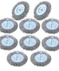 Ten Piece Three Inch Stainless Steel Wire Wheel Brush Kit For Drill With One Quarter Inch Hex Shank Heavy Duty For Rust Removal
