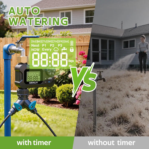 All In One No Fuss 360 Degree Drip Irrigation System Kit With Timer And 100 Feet Of Quarter Inch Tubing Adjustable Brass Nozzles automatic watering comparison between using timer and manual watering
