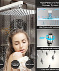 Wall Mounted Rain Shower System With 10 Inch Rain Head And Handheld Spray Pro Grade Spa Like Shower Experience High Pressure Luxury Shower Combo With Rough In Valve And Chrome Finish, showing a woman enjoying the shower under a large rain head with water details.