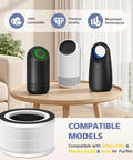 Afloia Fillo Halo Mooka Allo air purifiers on table with 2 Pack H13 Filter For Fillo Halo Mooka Allo Replacement 3 In 1 High Efficiency Filtration