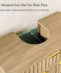 U-Shaped Cut-Out for Sink Pipe on natural oak cabinet detailing dimensions 8.5 by 8.1 inches for Kick Up Your Bathroom Style With This Slick Fluted Pedestal Sink Cabinet Featuring Two Doors And A Bottom Drawer In Natural Oak U Shape Cutout For Dope Space Saving Vibes.