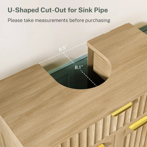 U-Shaped Cut-Out for Sink Pipe on natural oak cabinet detailing dimensions 8.5 by 8.1 inches for Kick Up Your Bathroom Style With This Slick Fluted Pedestal Sink Cabinet Featuring Two Doors And A Bottom Drawer In Natural Oak U Shape Cutout For Dope Space Saving Vibes.