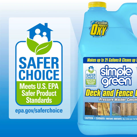 Oxy Solve Deck And Fence Pressure Washer Cleaner bottle next to Safer Choice EPA label, 128 fl oz, colorless to pale straw