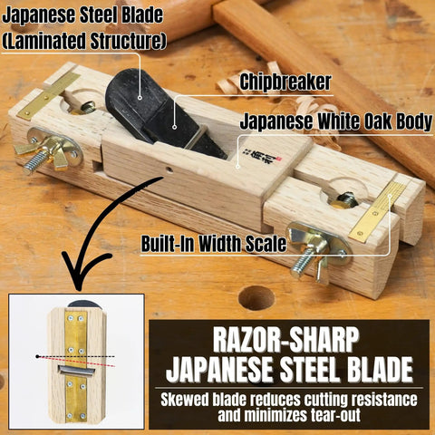Pro Grade 45 Degree Chamfer Hand Plane For Real Woodworkers With Dead Simple Adjustments Razor Sharp Skewed Blades Plus Rugged Brass Sole For Knockout Edges You Can Truly Trust with Japanese steel blade and oak body.