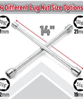 14 Inch Cross Lug Wrench With 4 Way Sockets, Heavy Duty Carbon Steel Tool For Easy Tire Changes, showcasing socket sizes