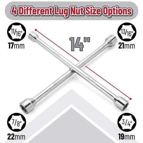 14 Inch Cross Lug Wrench With 4 Way Sockets, Heavy Duty Carbon Steel Tool For Easy Tire Changes, showcasing socket sizes