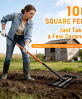 Person using Stainless Steel Leveling Rake With 78 Inch Adjustable Handle, 30x10 Inch Leveling Tool in backyard garden.
