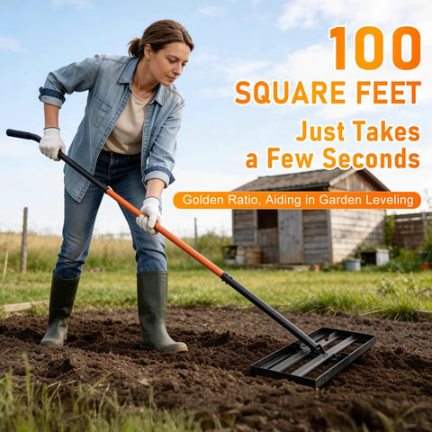 Person using Stainless Steel Leveling Rake With 78 Inch Adjustable Handle, 30x10 Inch Leveling Tool in backyard garden.
