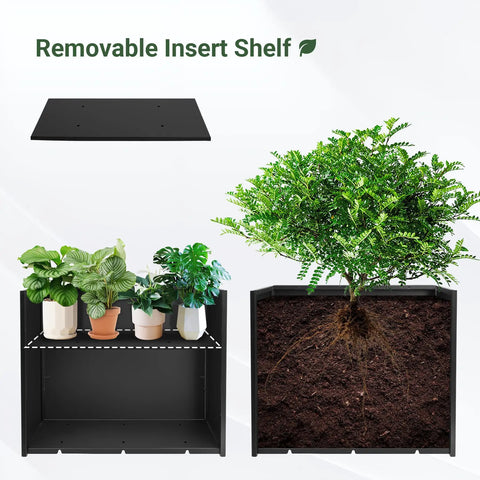 Sturdy 36 Inch Metal Planter Box With Drainage Holes And Rust Proof Coating For Indoor Outdoor Use Large Rectangular Window Box Built To Last For Balcony Patio Herbs In Black showing removable shelves and planting area.