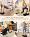 People using Waver Mini Vibration Plate for exercises at home, including straight arm plank, split squat, Russian twist, and lateral raise.