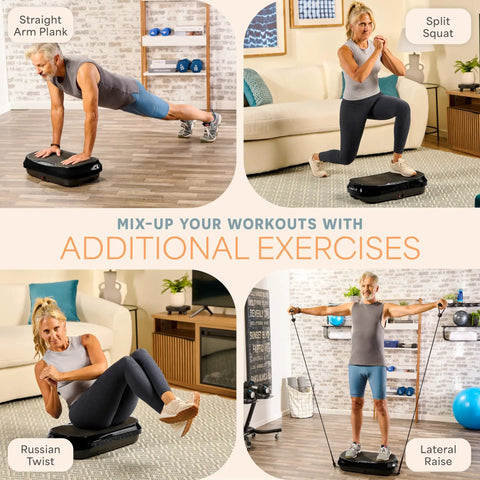 People using Waver Mini Vibration Plate for exercises at home, including straight arm plank, split squat, Russian twist, and lateral raise.