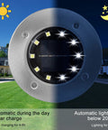 12 Pack 10 LED Solar Ground Lights For Outdoor Lighting No Wiring Needed Easy Install Waterproof Disk In Ground Landscape Lights For Garden Lawn Patio Yard Pathway Walkway Deck Christmas Holiday Decor, showing day and night use with solar charge and lighting features.