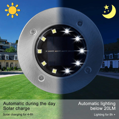 12 Pack 10 LED Solar Ground Lights For Outdoor Lighting No Wiring Needed Easy Install Waterproof Disk In Ground Landscape Lights For Garden Lawn Patio Yard Pathway Walkway Deck Christmas Holiday Decor, showing day and night use with solar charge and lighting features.
