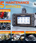NT614 Elite OBD2 Scanner for DIY mechanics display with 5 maintenance services including ABS, SAS, throttle, oil, EPB reset