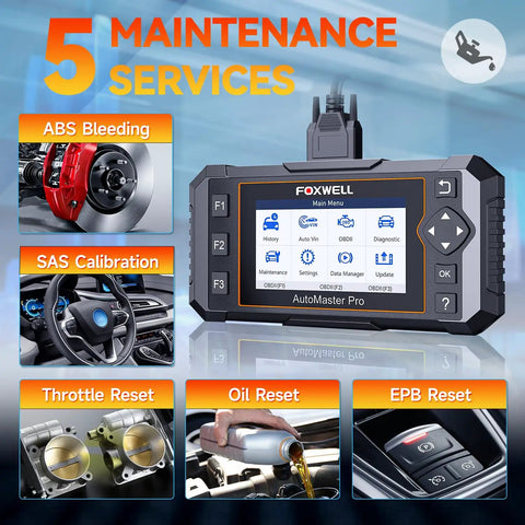 NT614 Elite OBD2 Scanner for DIY mechanics display with 5 maintenance services including ABS, SAS, throttle, oil, EPB reset