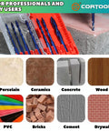Do It All 10 Piece Eccentric Masonry Drill Bit Set For Tile Brick Concrete Wood Glass Plastic And Soft Metal With Crooked Head Bits In 5/32 3/16 1/4 x5 5/16 3/8 1/2 Inches From CORTOOL in a case with labeled material samples.