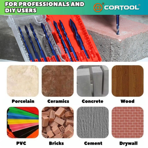 Do It All 10 Piece Eccentric Masonry Drill Bit Set For Tile Brick Concrete Wood Glass Plastic And Soft Metal With Crooked Head Bits In 5/32 3/16 1/4 x5 5/16 3/8 1/2 Inches From CORTOOL in a case with labeled material samples.