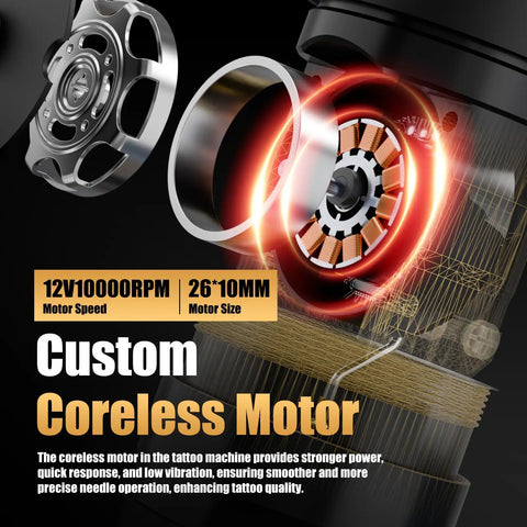 Coreless motor of Shura-X Wireless Tattoo Machine Kit with 4.0mm Stroke Setup, showing 12V 10000RPM speed and 26*10mm size.