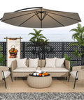 Outdoor Metal Privacy Screen With Stand 72 Inch High By 46 Inch Wide Freestanding Garden Divider in patio with furniture and umbrella.