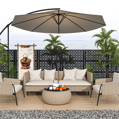Outdoor Metal Privacy Screen With Stand 72 Inch High By 46 Inch Wide Freestanding Garden Divider in patio with furniture and umbrella.