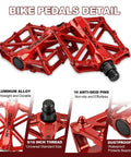 Aluminum CNC Bike Pedals 9/16 Inch, Lightweight Mountain Road Pedal With 16 Anti Skid Pins, Dual Sided Grip, Red Design