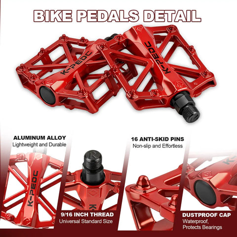 Aluminum CNC Bike Pedals 9/16 Inch, Lightweight Mountain Road Pedal With 16 Anti Skid Pins, Dual Sided Grip, Red Design