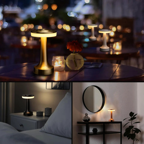 Portable Dope LED Table Lamp With Touch Sensor Three Levels Of Brightness in Gold used as nightstand and bedside lamp