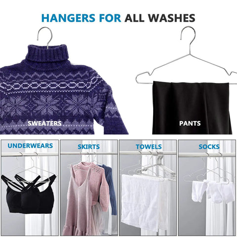 Stainless Steel Wire Coat Hangers Heavy Duty Ultra Thin Space Saving 10 Pack 17.7 Inch Hangers organizing clothes like sweaters and pants.