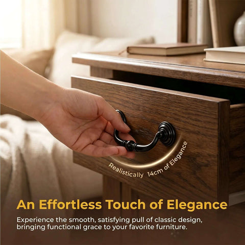 A hand pulling a drawer with a Four Pack Antique Drawer Pulls In Black Finish, Vintage Brass Look Cabinet Knob on wooden dresser
