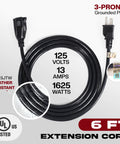 6 Foot Weather Resistant Extension Cord 16/3 SJTW Heavy Duty With 3 Prong Grounded Plug UL Listed 13 Amp 1625 Watt Capacity