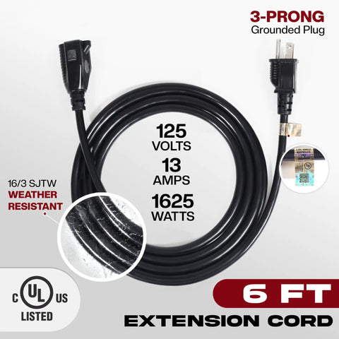 6 Foot Weather Resistant Extension Cord 16/3 SJTW Heavy Duty With 3 Prong Grounded Plug UL Listed 13 Amp 1625 Watt Capacity