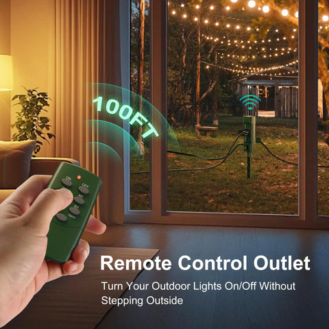 Dang Tough Outdoor Power Stake Timer With 25 Foot Hella Waterproof Extension Cord, Photocell Dusk To Dawn Sensor, Six Grounded Outlets For String Lights And Outdoor Gatherings shown with remote control from indoors.