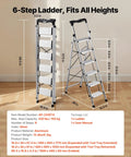 Six Step Folding Ladder With Wide Anti Slip Pedals And Comfort Handgrip Aluminum Portable Stepladder 330 Lbs Capacity Go To Everyday Workhorse For Kitchen Garage Office And Warehouse Lightweight Silver, folded and open view