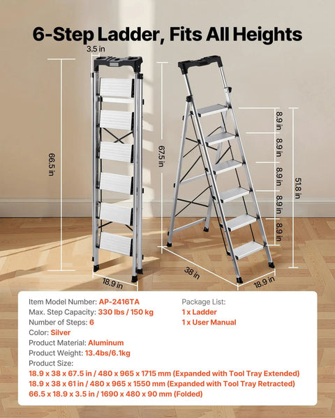 Six Step Folding Ladder With Wide Anti Slip Pedals And Comfort Handgrip Aluminum Portable Stepladder 330 Lbs Capacity Go To Everyday Workhorse For Kitchen Garage Office And Warehouse Lightweight Silver, folded and open view