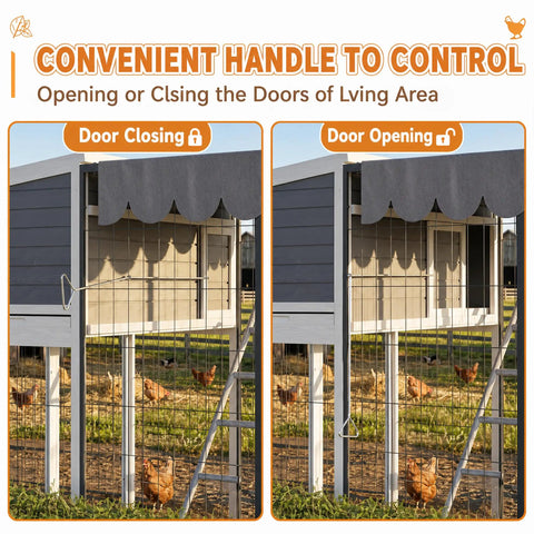 Durable Outdoor Chicken Coop With 90 Inch Run For 6 To 10 Chickens Wooden Nesting Box Waterproof Roof Pull On Tray Ramp And Perch Secure Iron Frame Easy Backyard Setup In Gray showing door locking and unlocking