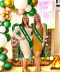 Bride To Be Camping Themed Bachelorette Bash Balloon Set with ring balloon, sashes, and rustic decorations in cabin setting