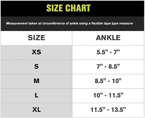 Size chart for Lace-Up Ankle Support Brace For Sprains And Instability, showing ankle circumference for sizes XS to XL.